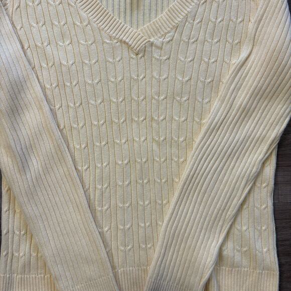 Women's Bass Small Cable Knit Cream Yellow Sweater 100% Cotton Spring Coquette - Picture 3 of 4
